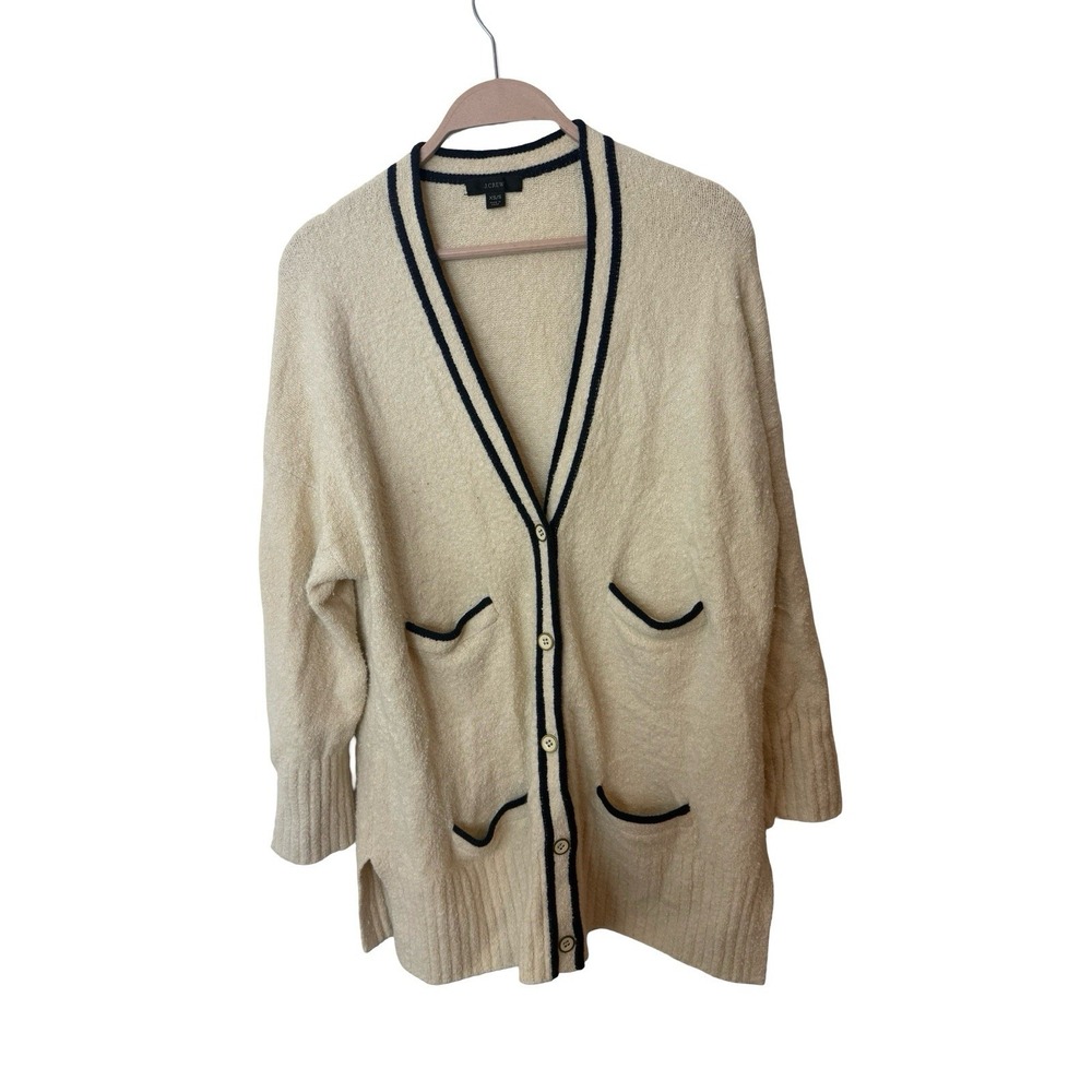 J Crew Sweater Large XS/S Cream Long Front Pocket Cardigan Academia Preppy BA055